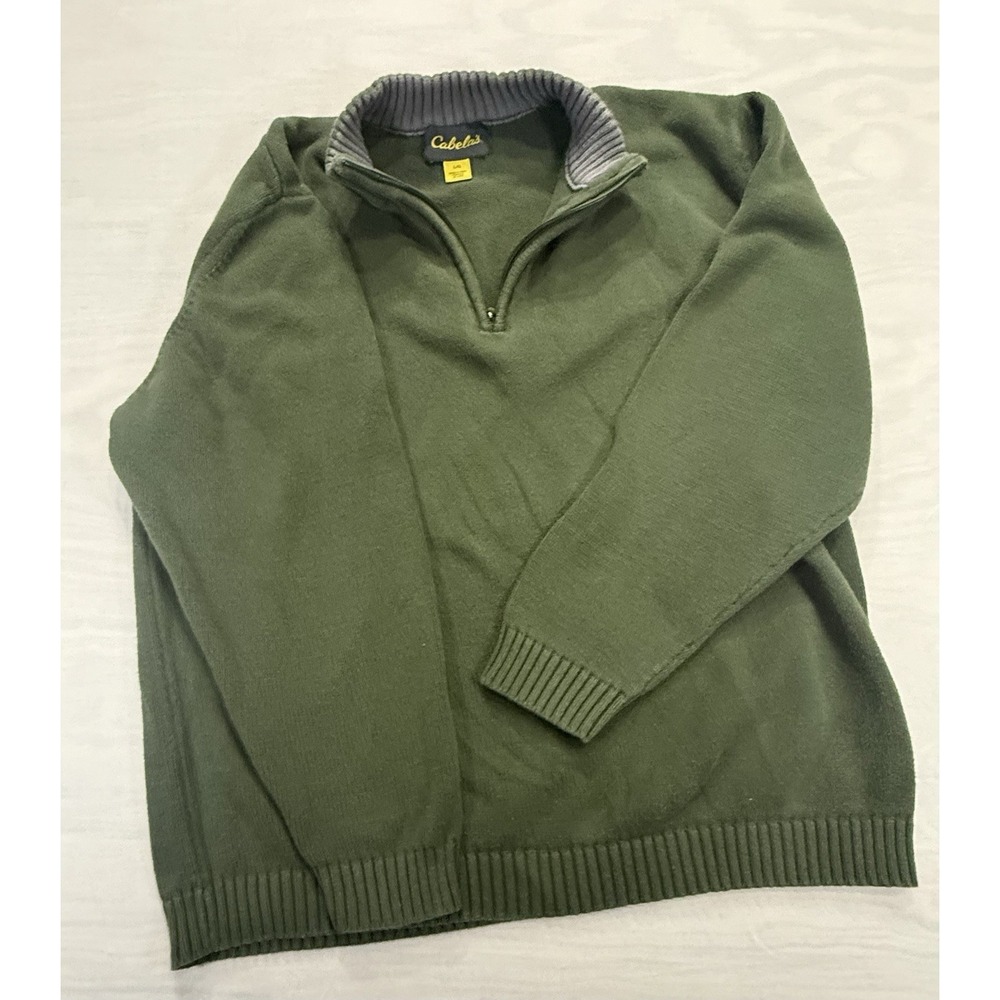 Cabelas Sweater Mens Large Green Quarter Zip Cotton Pullover Casual Outdoor